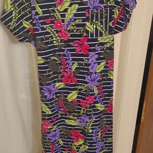Lands End Midi Dress Women's Plus Size m Stripe Floral Belt Cap Sleeve